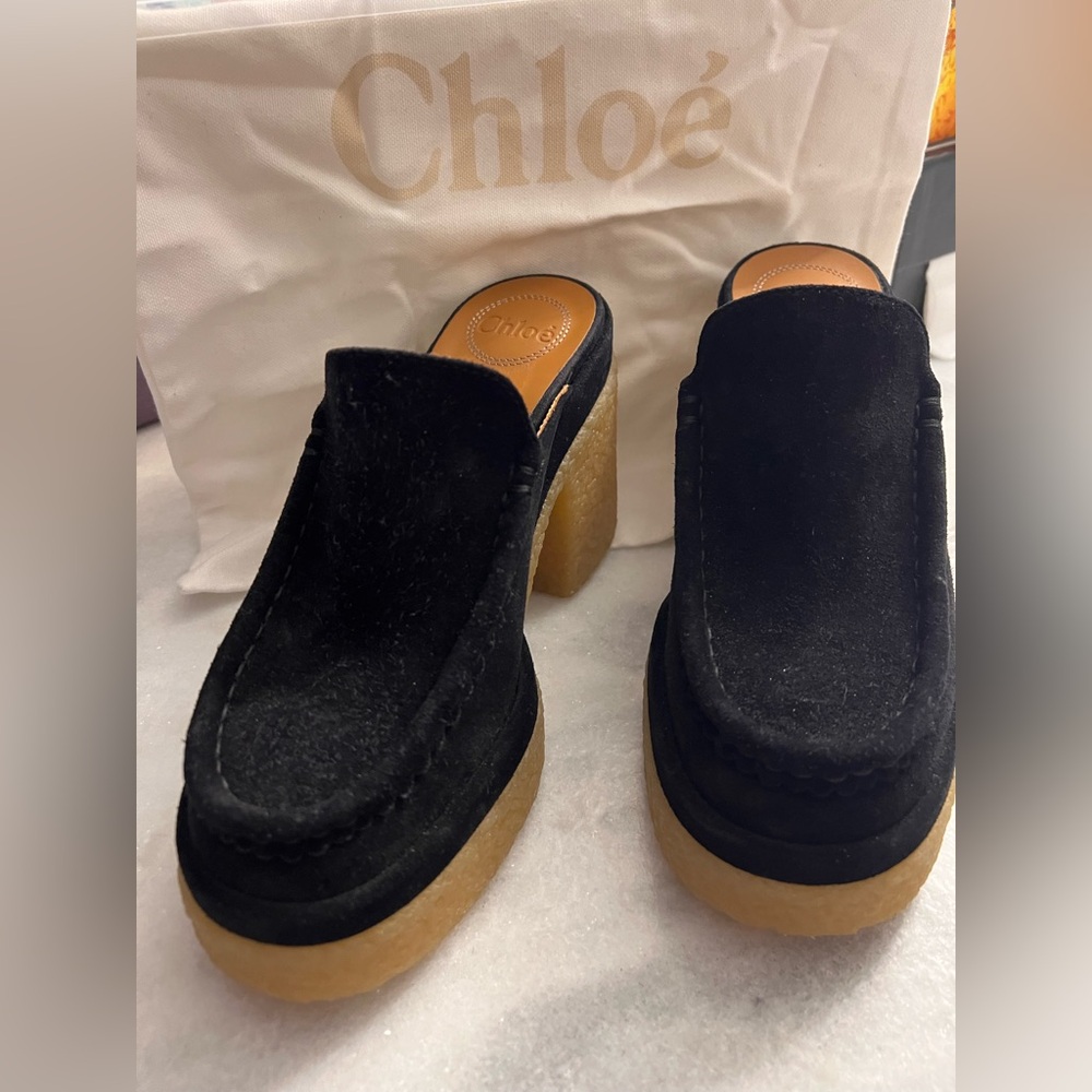 Chloe Womens Jamie Black Suede
Platform Slip On Clogs Shoes New